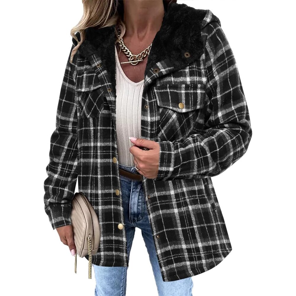 Warm And Fashionable Women's Plaid Shacket With Hood - Fall/Winter Essential